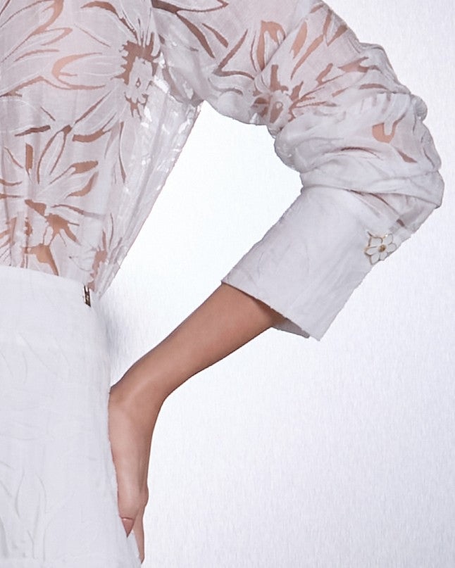 ENSEMBLE - CHEMISE TRANSPARENTE  IMPRIMÉ FLORAL - JUPE MIDI - OFF WHITE