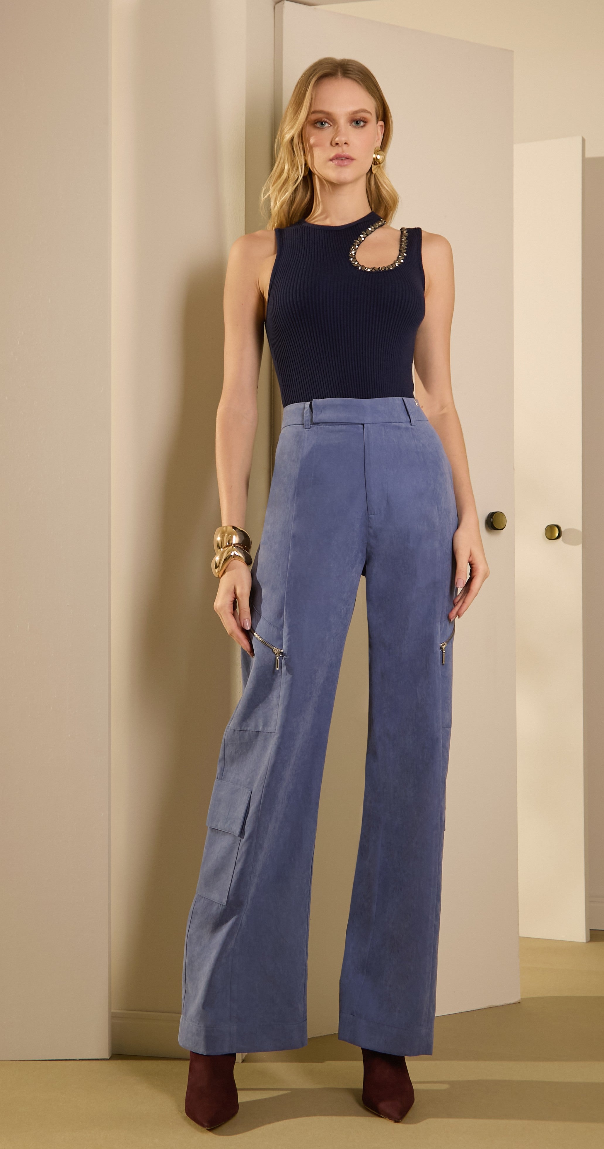 Body tricot - Bleu marine - Coupe asymétrique - Broderie strass