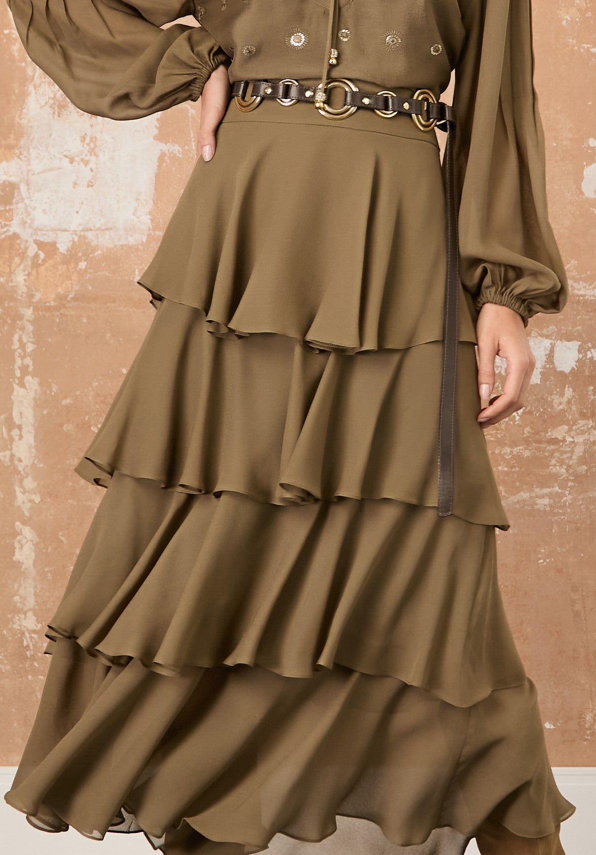 Ensemble - Chemise à manches longues et Jupe longue à volants - Vert KAKI