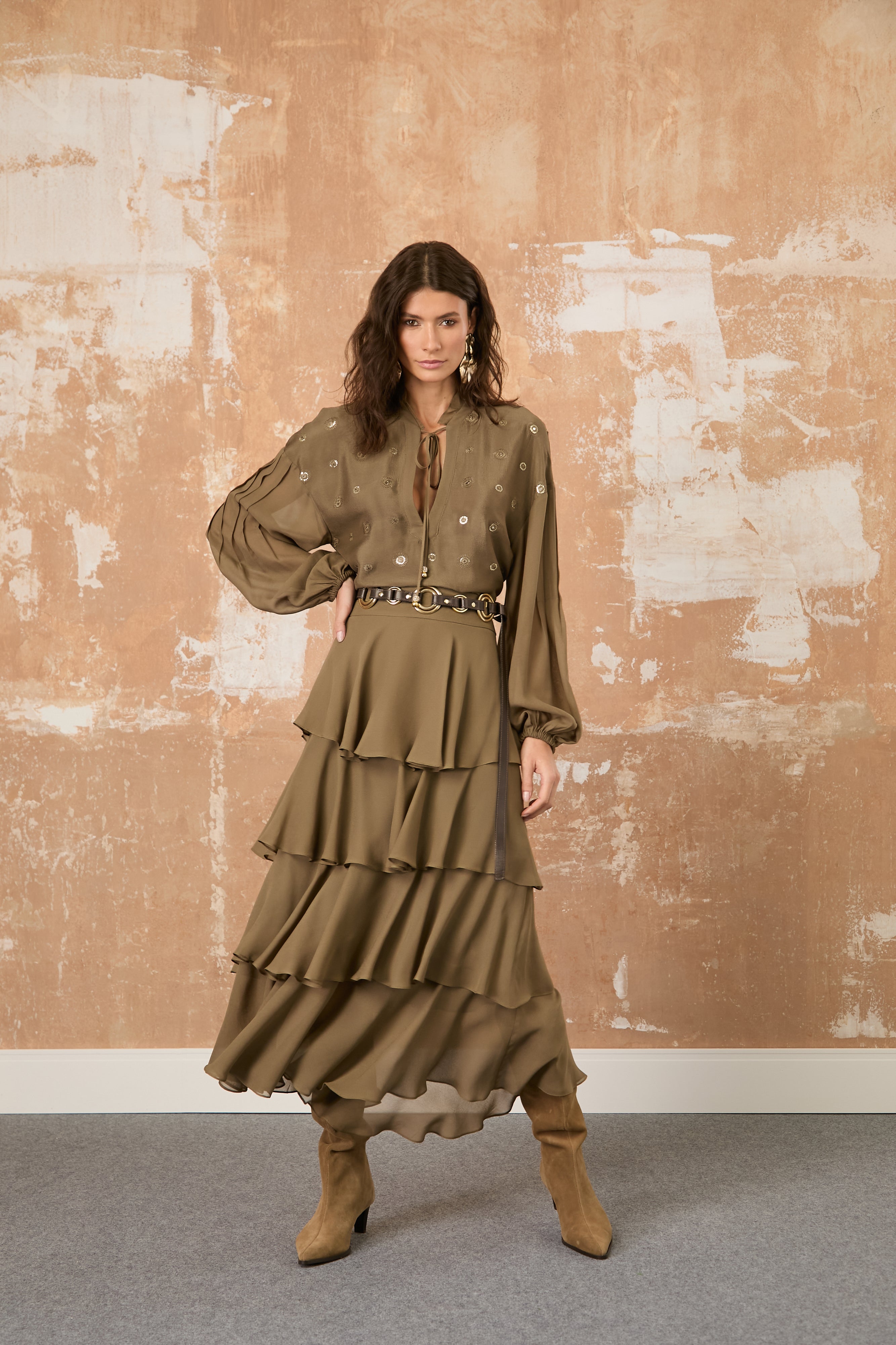 Ensemble - Chemise à manches longues et Jupe longue à volants - Vert KAKI